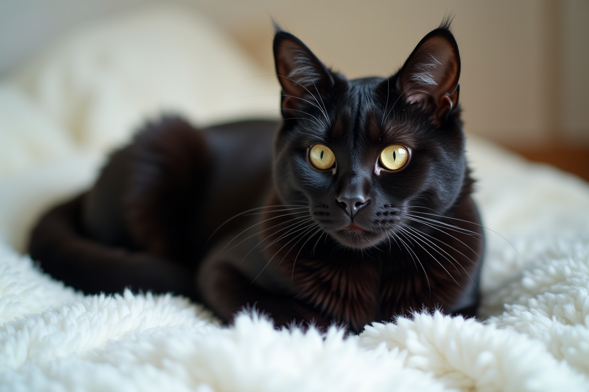 Chat noir sur une couverture blanche en lumière naturelle