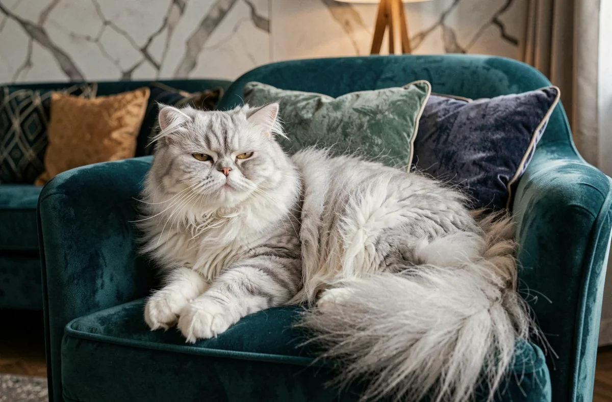 Chat persan blanc au pelage long et soyeux allongé sur un fauteuil en velours sarcelle, illustration de race de chat de luxe