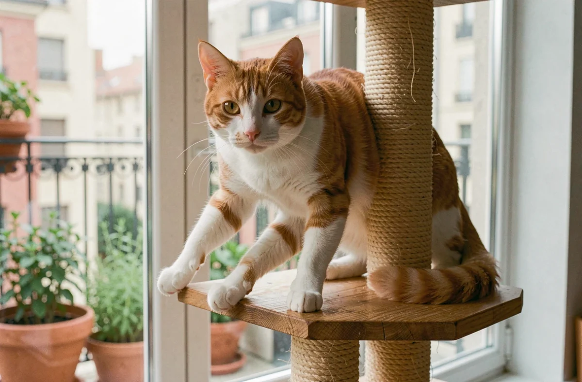 Chat roux et blanc perché sur un arbre à chat en bois devant une fenêtre avec vue sur un balcon fleuri