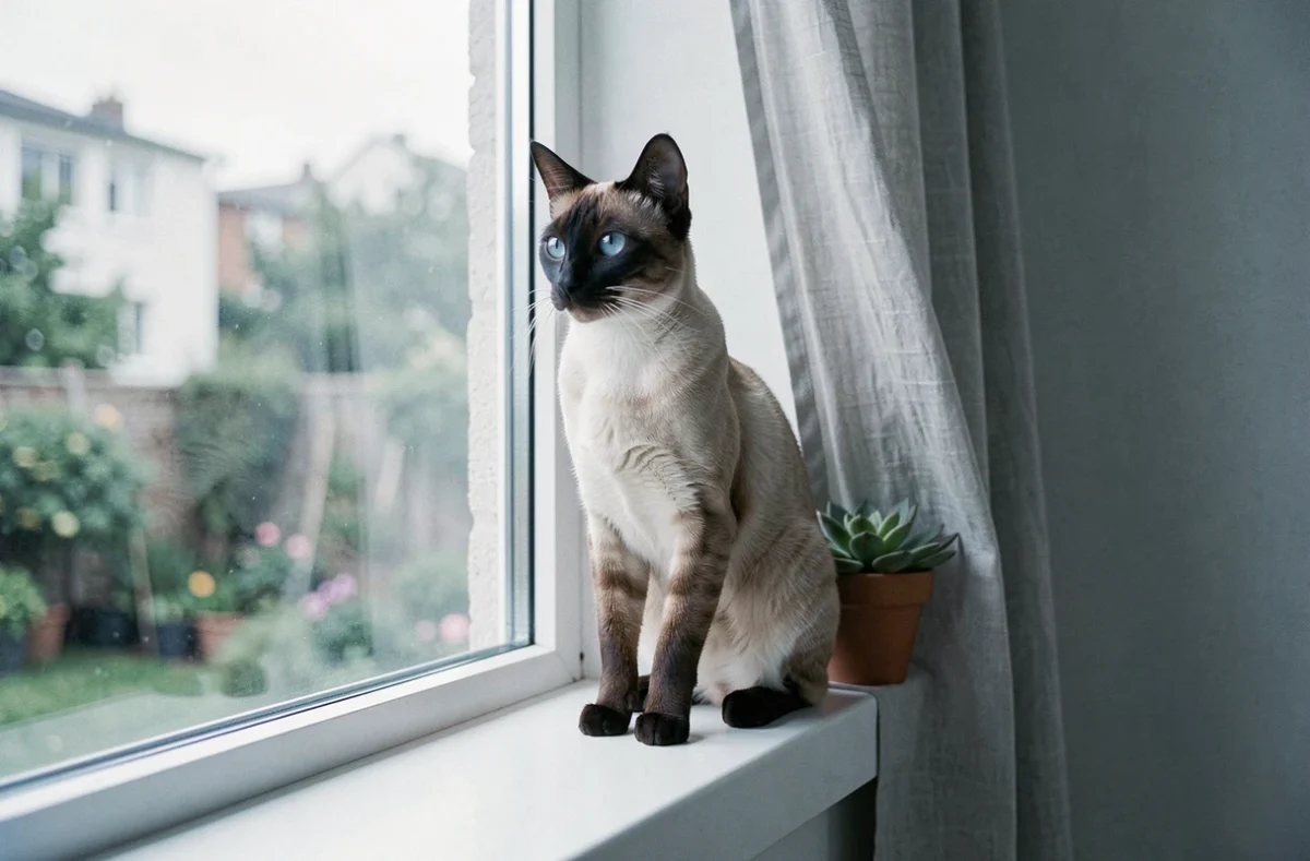 Chat siamois élégant aux yeux bleus posé sur un rebord de fenêtre d'appartement, représentant les races de chats populaires