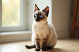Chat siamois assis près d'une fenêtre en lumière naturelle