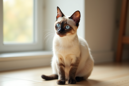 Chat siamois assis près d'une fenêtre en lumière naturelle