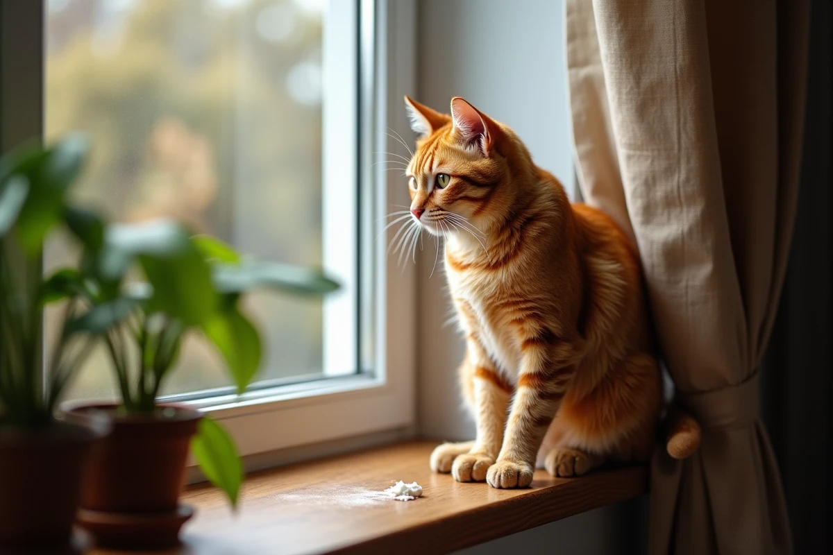 Chat ginger sur le rebord de la fenetre dans le salon cosy
