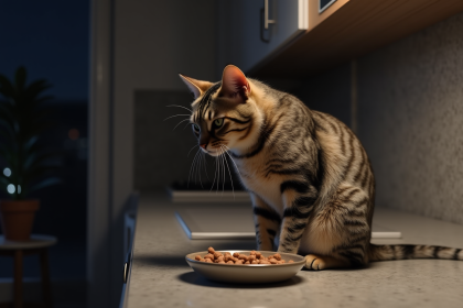 Chat tabby sur un plan de travail moderne la nuit