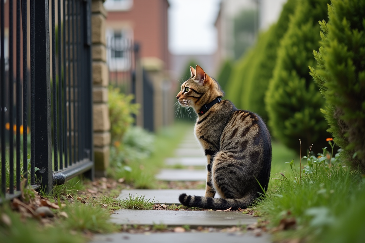 Chat tigré assis dans un jardin en regardant la rue