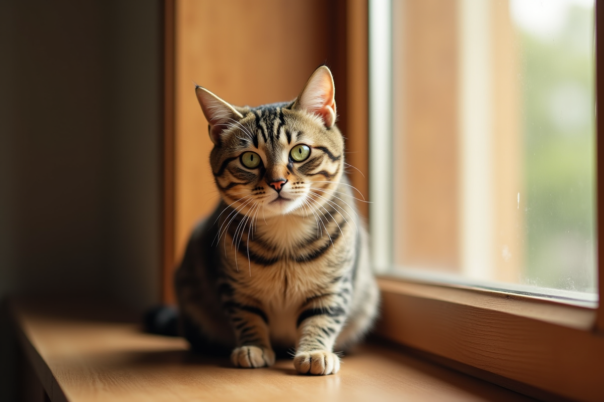Chat tabby aux yeux verts sur une fenêtre ensoleillée