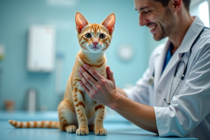 Chat domestique calme sur la table d'examen vétérinaire
