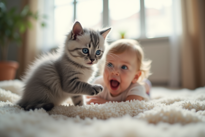 Chaton angora gris jouant avec un enfant dans un salon lumineux