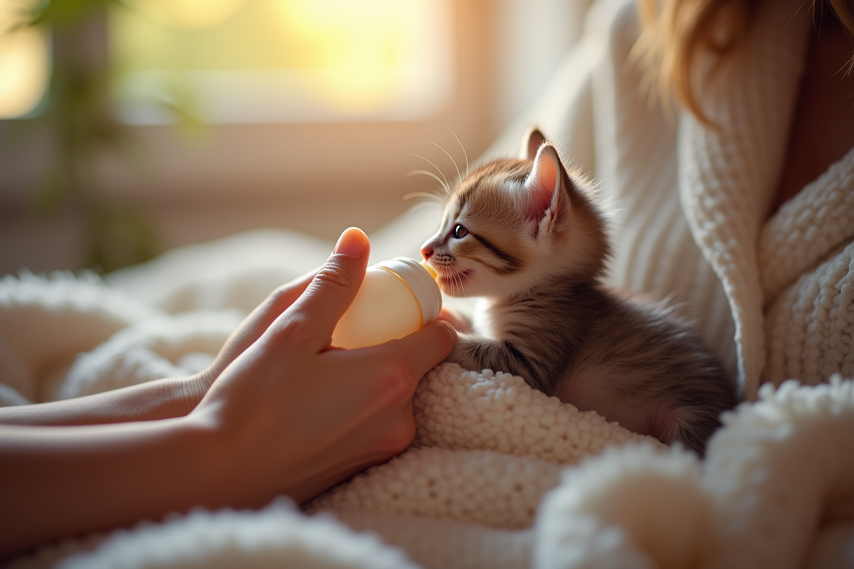 Chaton de trois jours nourri au biberon dans une ambiance chaleureuse