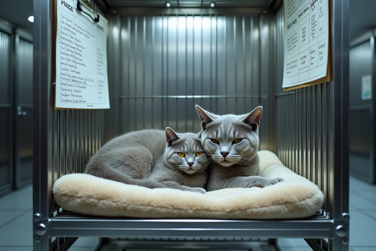 Chat Korat adulte et chaton dans un enclos propre d'un élevage avec fiche de prix et suivi sanitaire