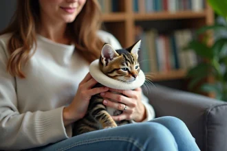 Jeune chaton tacheté portant un collier médical dans les bras d'une femme