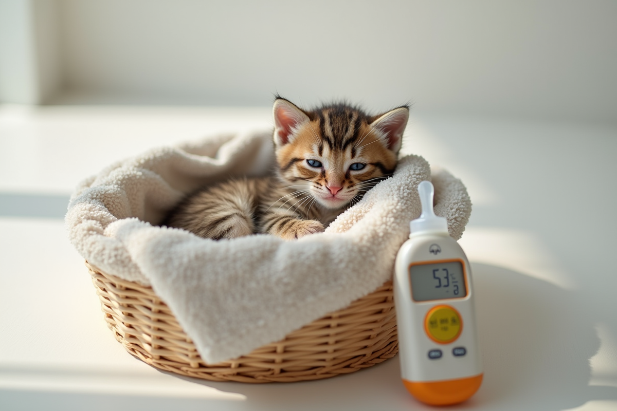 Chaton nouveau-né dans un panier avec thermometre et biberon
