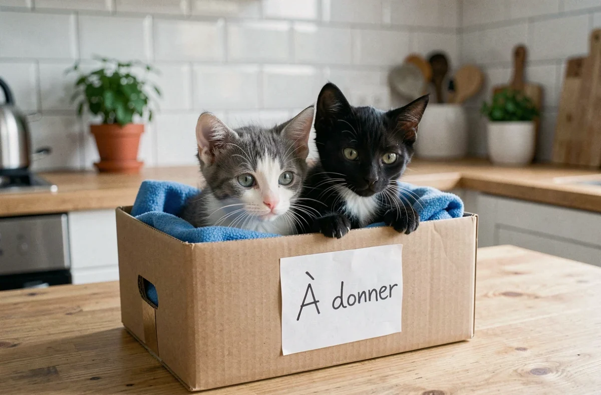 Deux chatons de 3 mois dans une boîte à donner sur une table de cuisine avec une annonce manuscrite