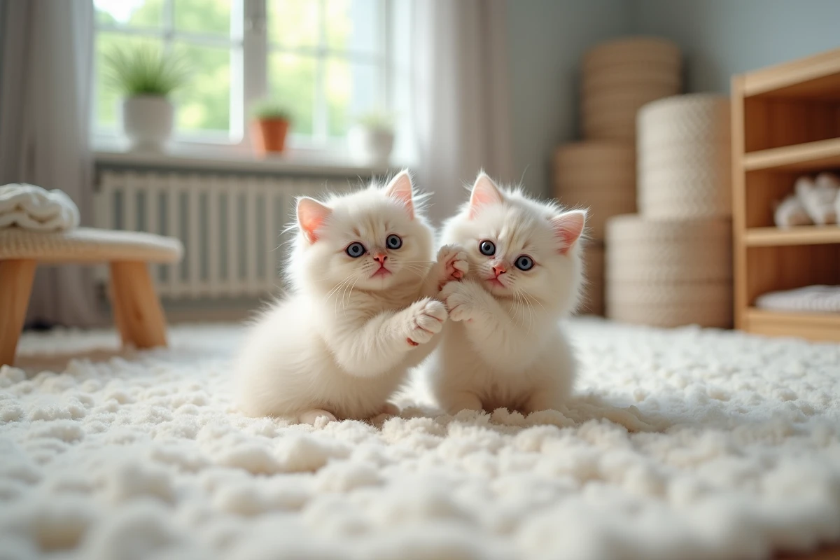 Deux chatons persans aux longs poils jouant dans un enclos propre d'un élevage félin responsable