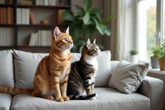 Deux chats domestiques assis sur un canapé lumineux