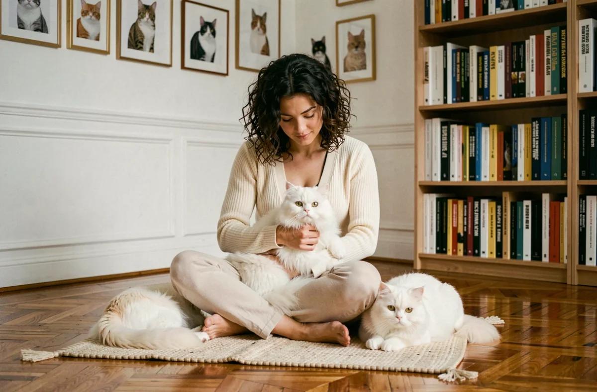 Jeune femme tenant affectueusement un chat persan blanc dans un intérieur chaleureux aux murs blancs ornés de portraits de chats
