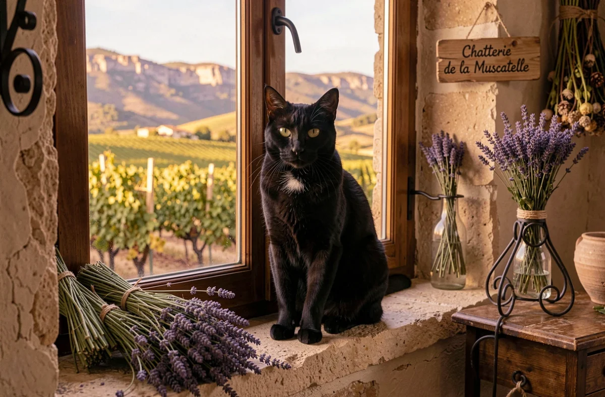 Un chat noir assis sur un rebord de fenêtre rustique à la Chatterie de la Muscatelle à Châteauneuf-le-Rouge, avec vue sur les vignes