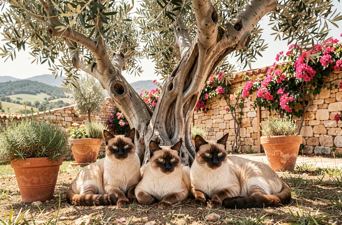 Trois chats siamois élégants se reposant sous un olivier centenaire dans un jardin provençal fleuri
