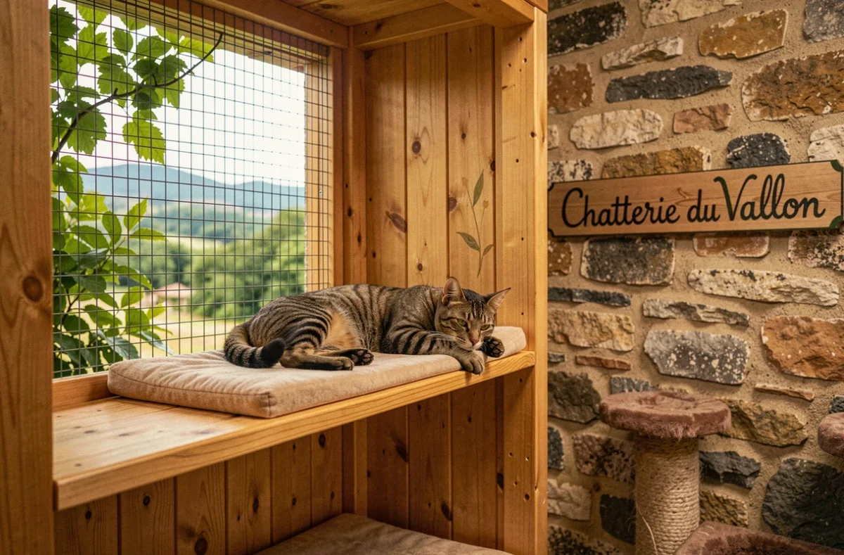 Un chat tabby reposant dans un enclos douillet de la Chatterie du Vallon à Auriol, avec vue sur la verdure provençale