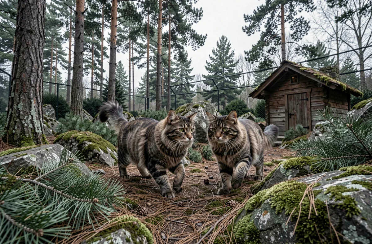 Deux chats des forêts norvégiennes au pelage épais explorant un enclos naturel aux rochers moussus et branches de pin évoquant la Scandinavie