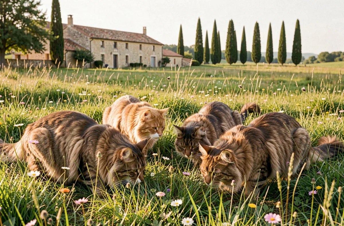 Quatre chats des forêts norvégiennes explorant une prairie verdoyante parsemée de fleurs sauvages dans la campagne française