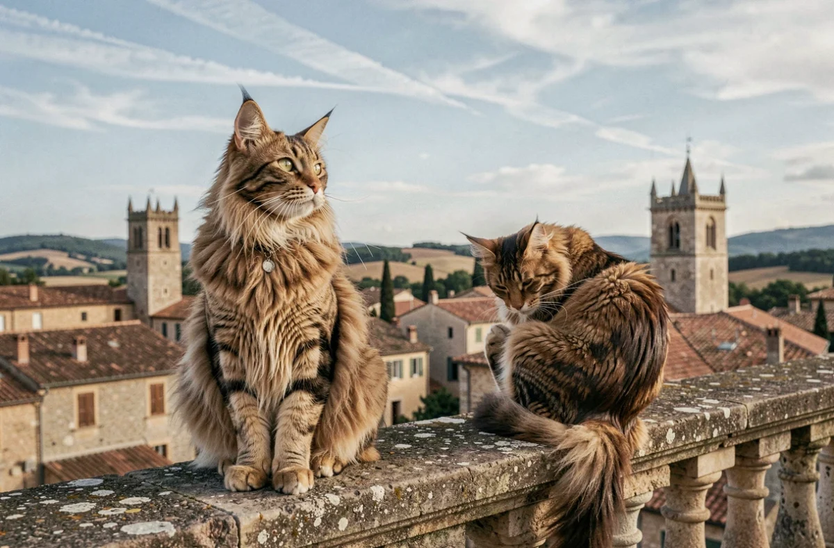 Deux chats Maine Coon majestueux perchés sur un muret en pierre avec un village perché provençal en arrière-plan