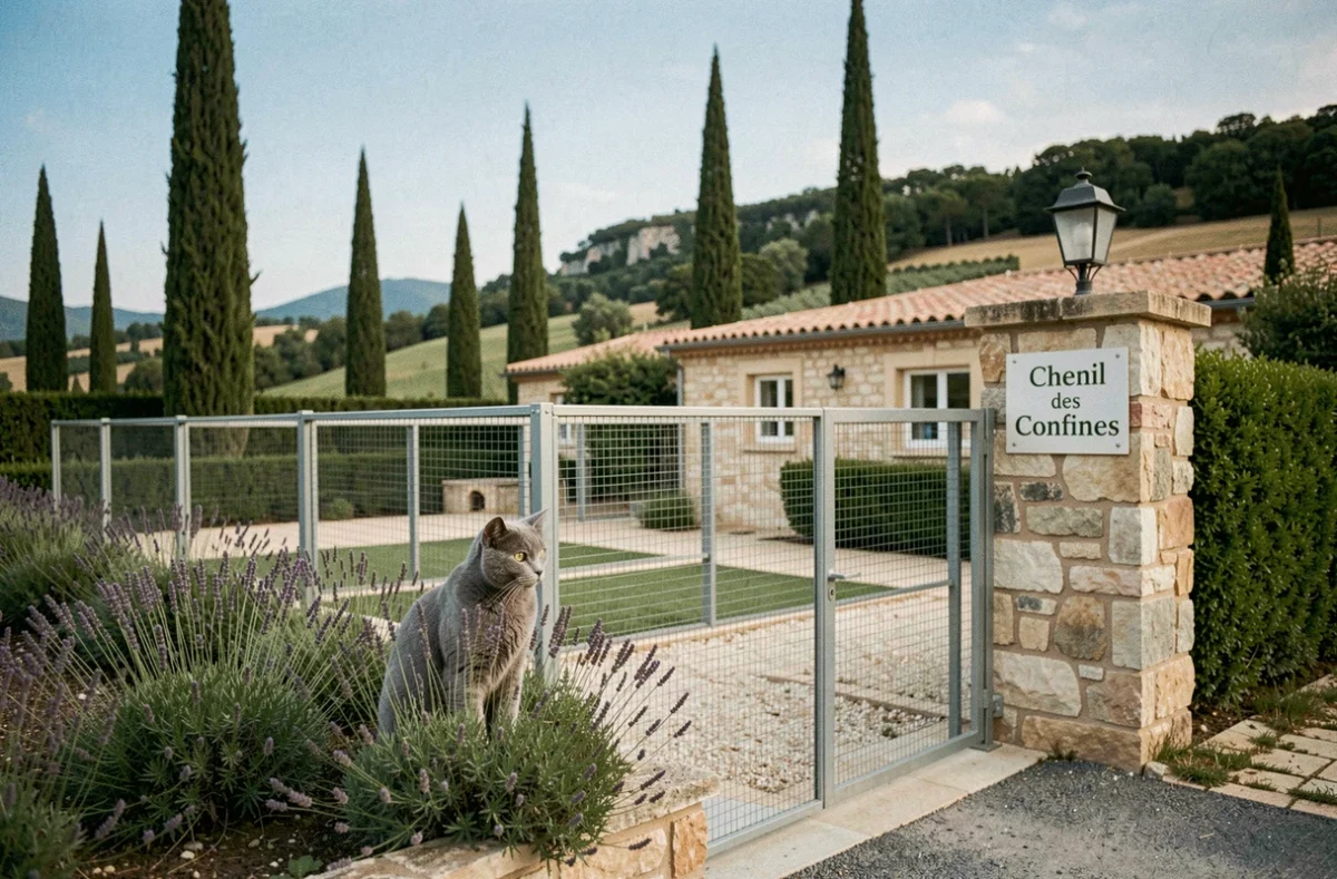 Un chat British Shorthair gris observant le jardin depuis l'enclos extérieur du Chenil des Confines à Sorgues, entouré de cyprès et de lavande