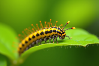 Chenille jaune et noire sur une feuille verte en plein jour