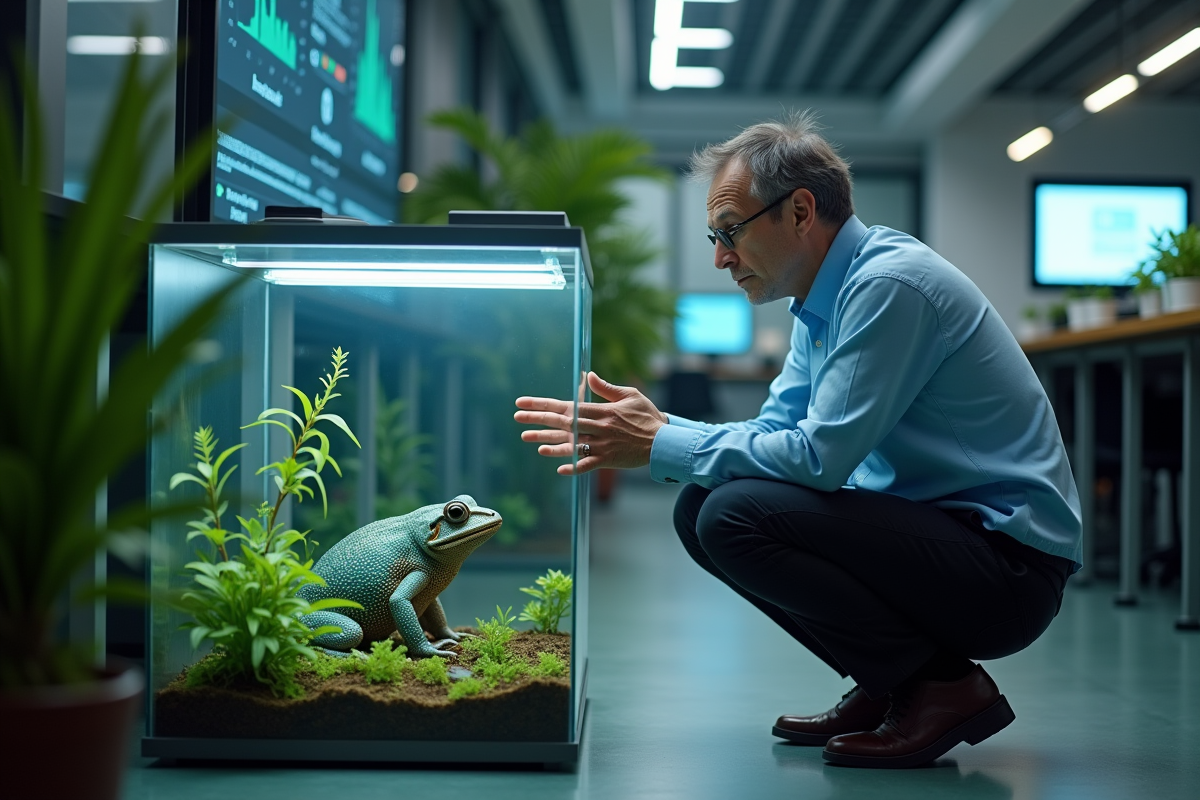 Chercheur examinant un amphibien bioluminescent en laboratoire
