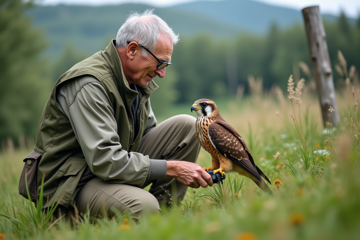 Chercheur posant un GPS sur un faucon dans un champ