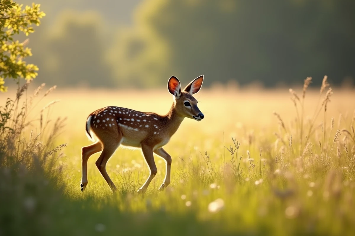 Jeune chevreuil femelle dans la prairie ensoleillee