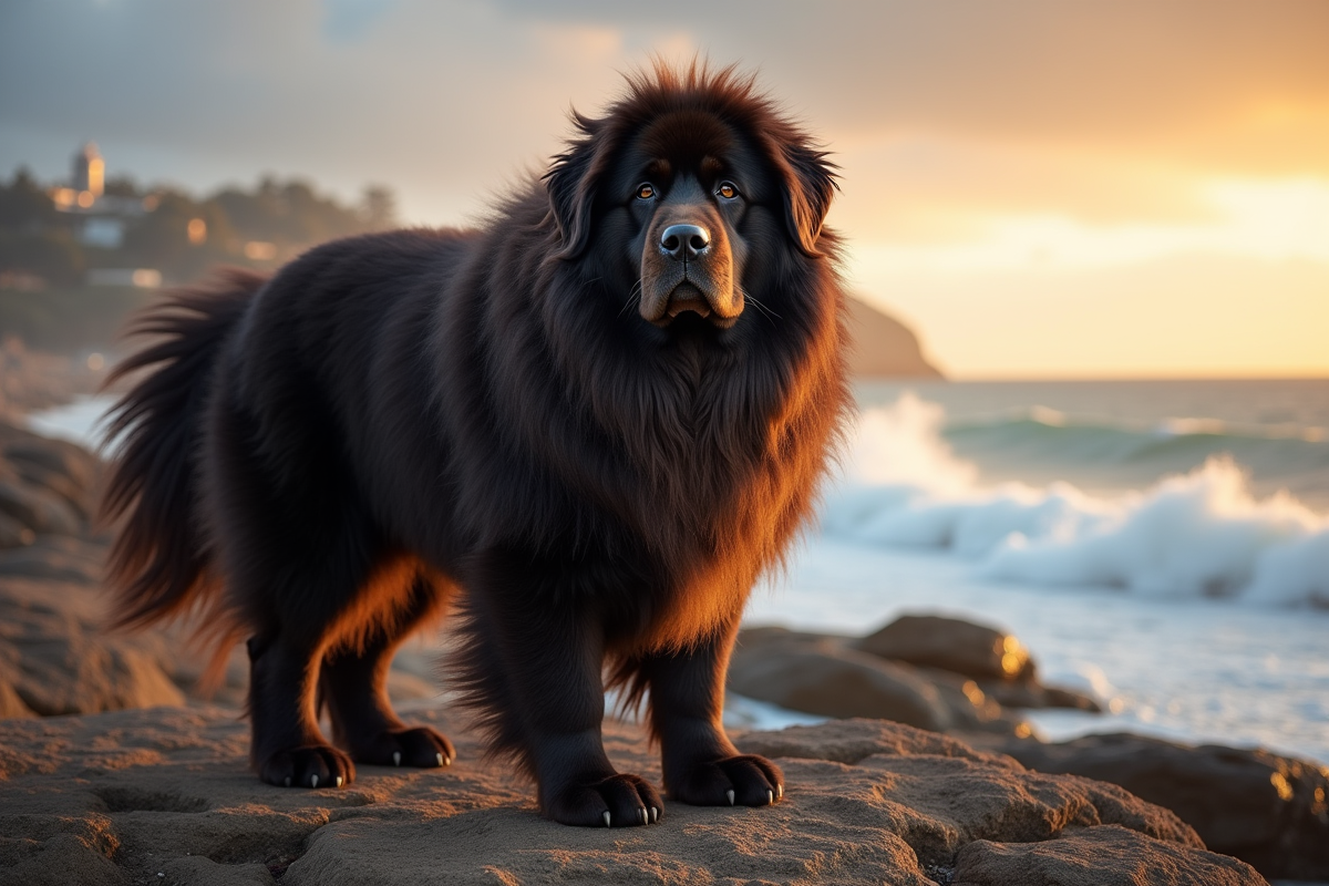 Chien Newfoundland adulte sur la côte rocheuse au vent