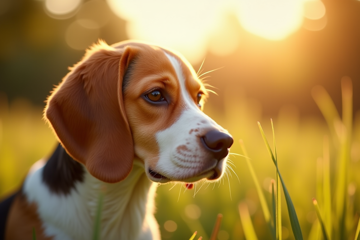 Beagle reniflant dans un jardin ensoleille avec flou artistique