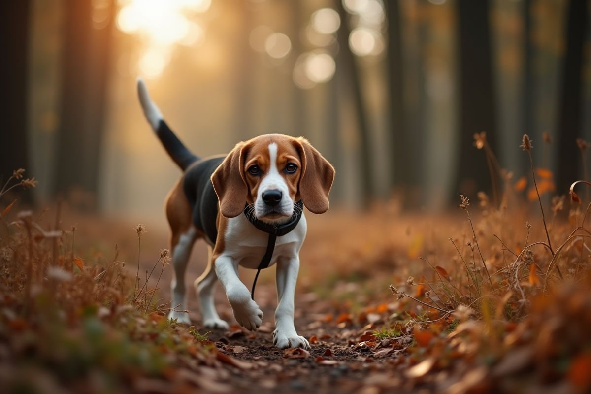 Beagle suivant une piste dans la foret au petit matin