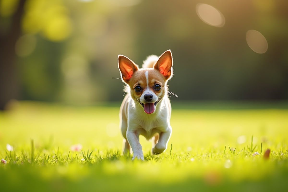 Chihuahua croisé jouant dans un parc ensoleille