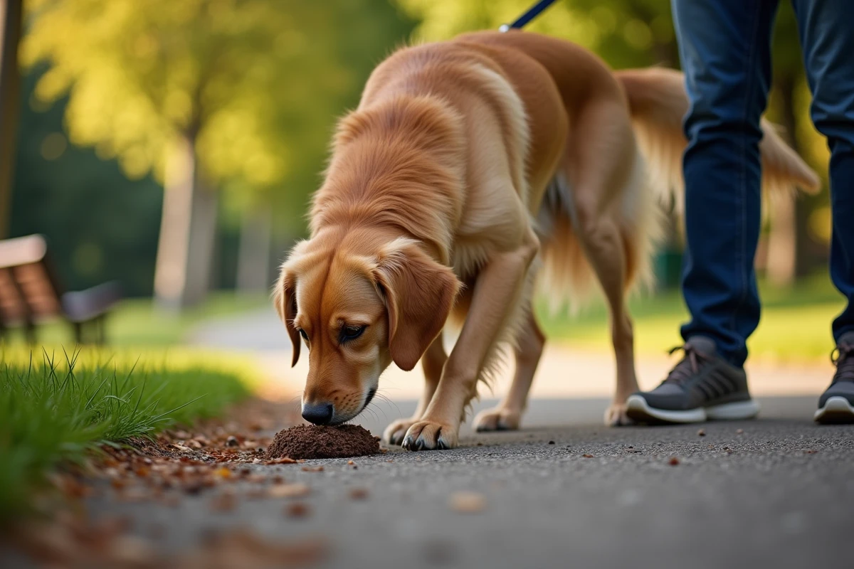 Chien reniflant des crottes de renard dans un parc urbain, risque de contamination parasitaire pour les animaux domestiques