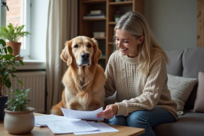 Senior golden retriever et femme dans un salon chaleureux