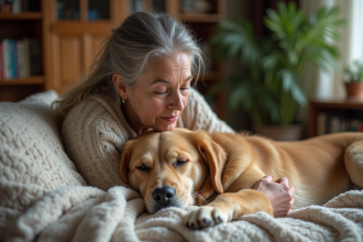 Chien dorille retriever et femme dans un salon chaleureux