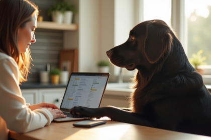 Chien golden retriever noir assis près d'une femme travaillant sur un ordinateur