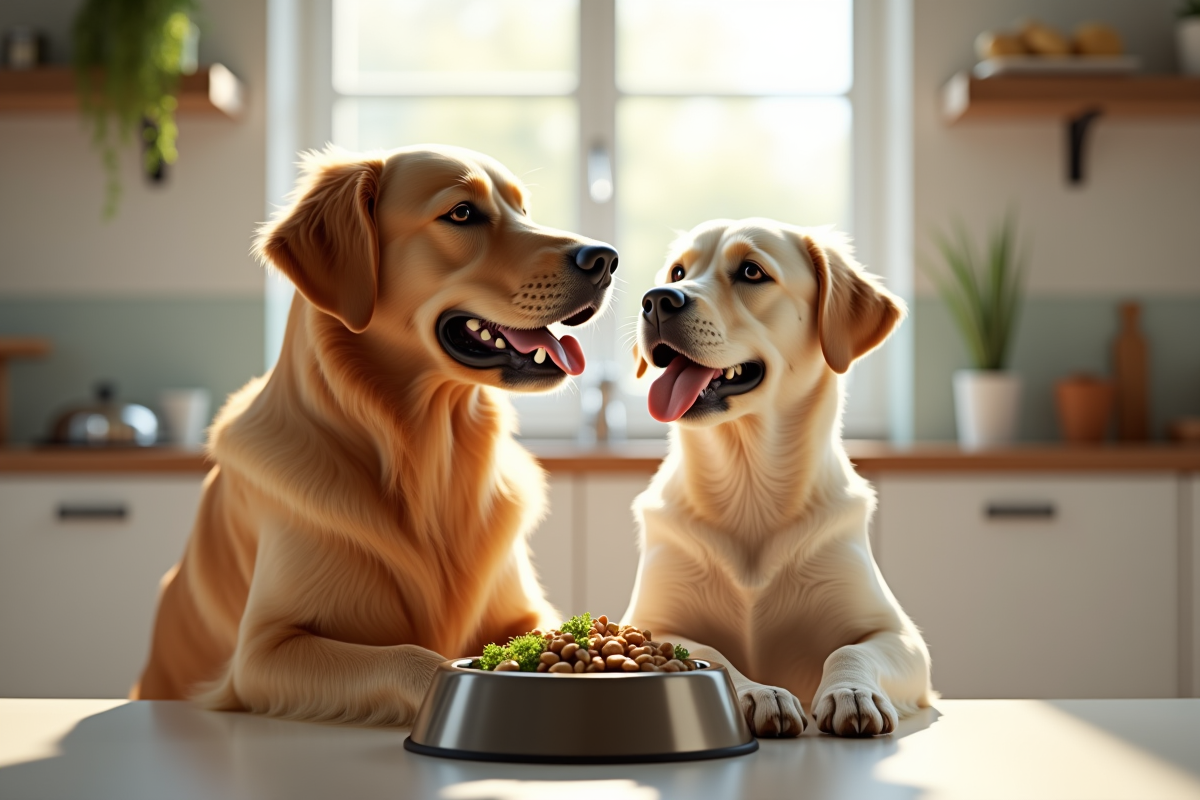 Golden retriever et labrador dans une cuisine moderne regardant leur repas
