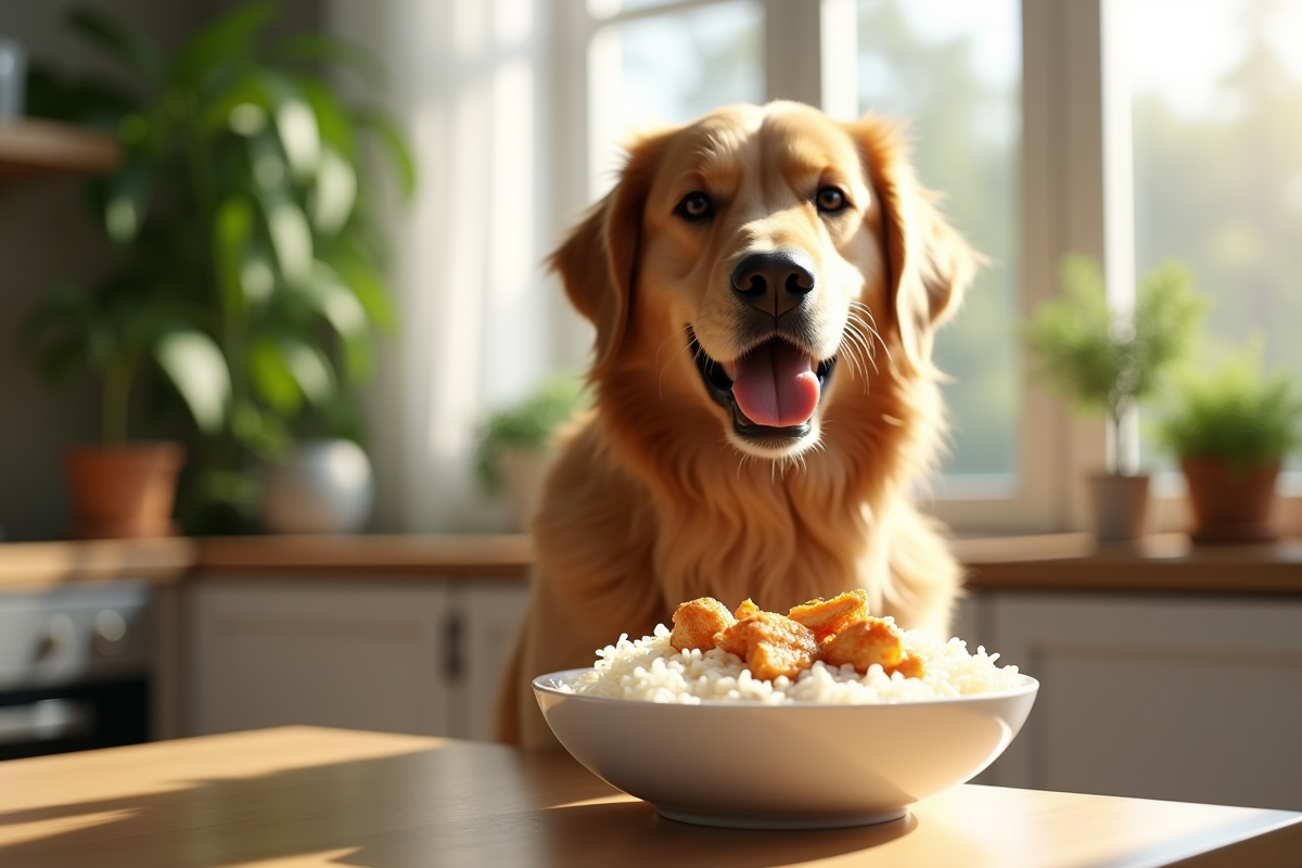 Chien golden retriever heureux près d un bol de riz et poulet