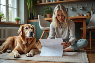 Golden Retriever âgé reposant au pied d'une femme à la maison