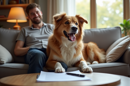 Chien heureux assis à côté de son propriétaire sur un canapé avec documents d'assurance
