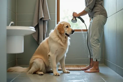 Femme qui rafraîchit son golden retriever au poil épais sous la douche pendant l'été