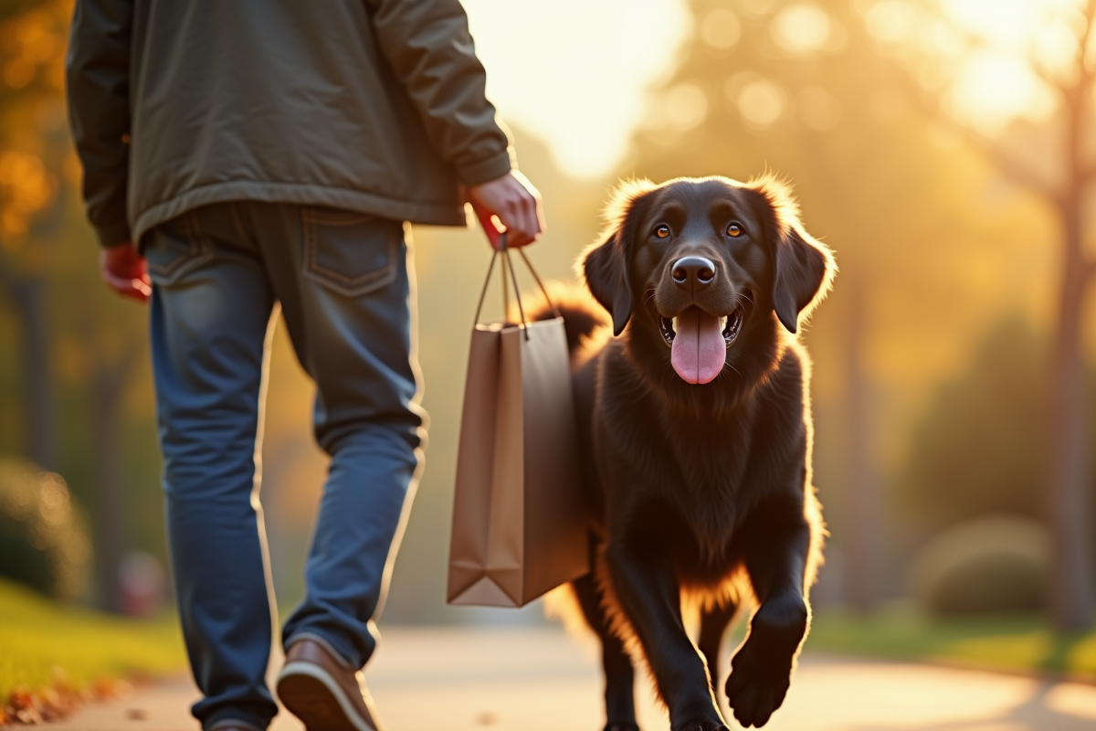 Chien golden retriever noir portant un sac de courses avec un homme âgé