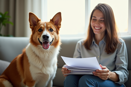 Chien souriant assis sur un canapé avec documents d'assurance
