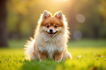 Chien Spitz allemand assis dans un parc ensoleille