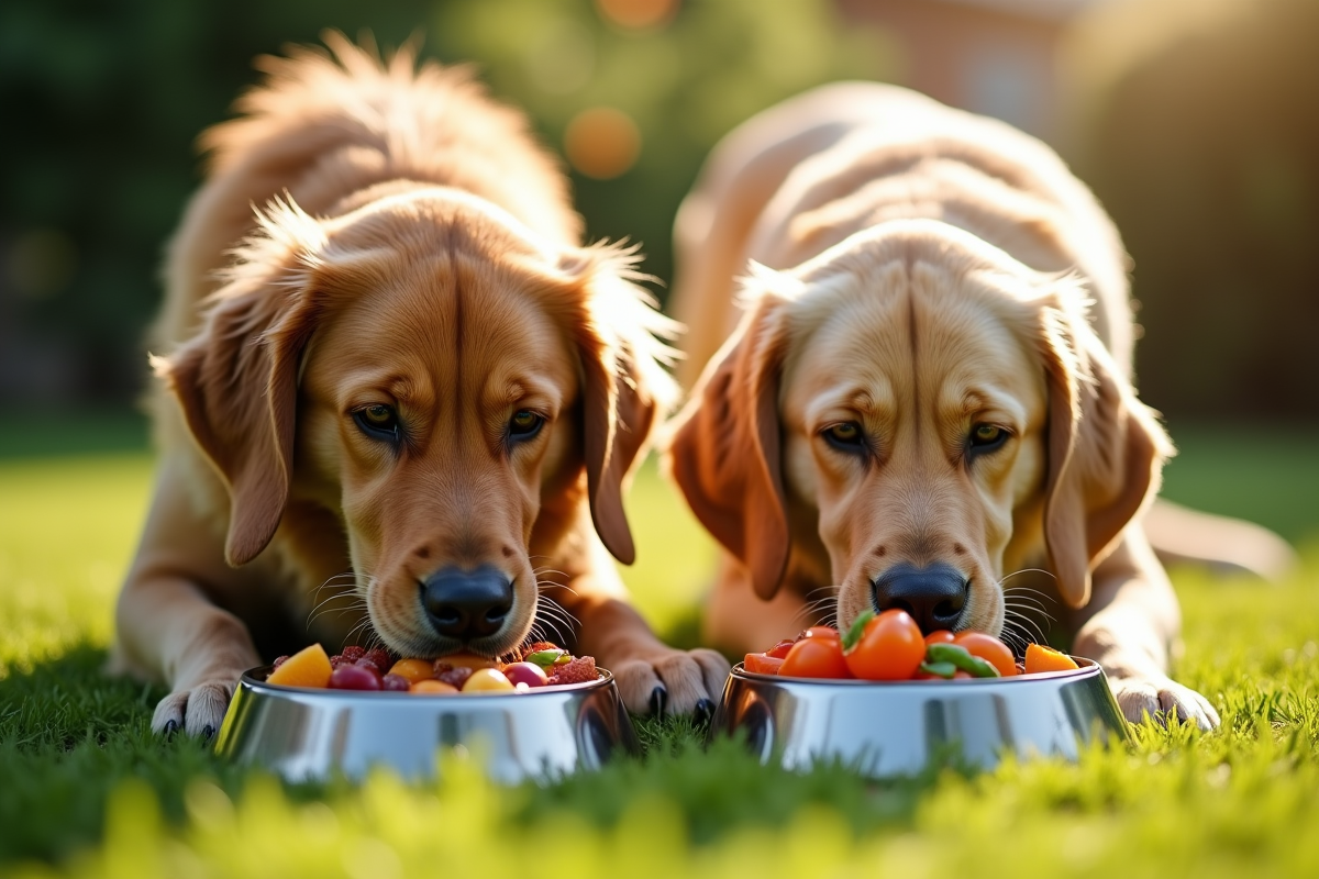 Golden retriever et labrador dans un jardin mangeant dans des bols