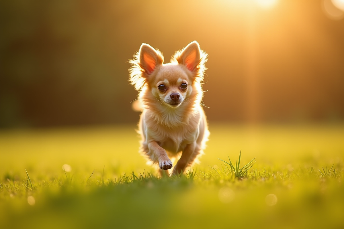 Chihuahua à longue poil courant en extérieur lors du coucher de soleil