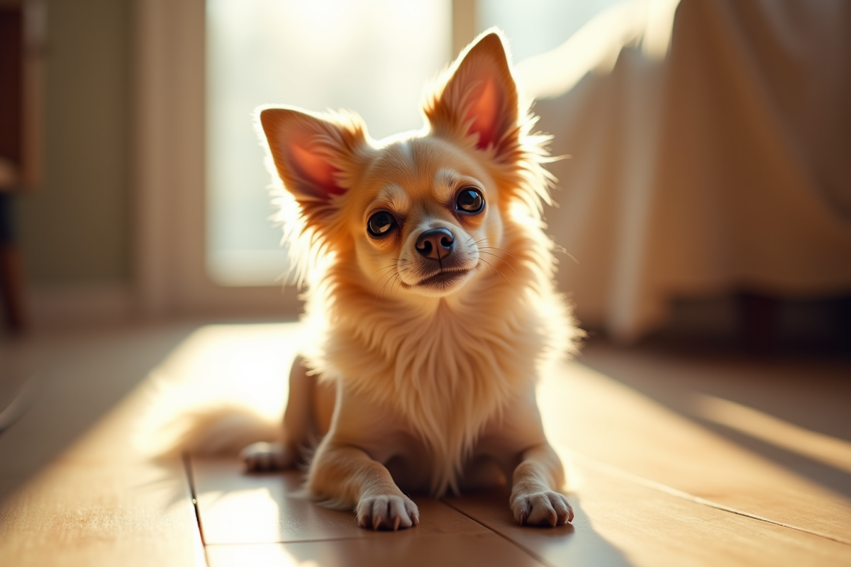 Chihuahua à longue poil assis sur un sol en bois en plein jour